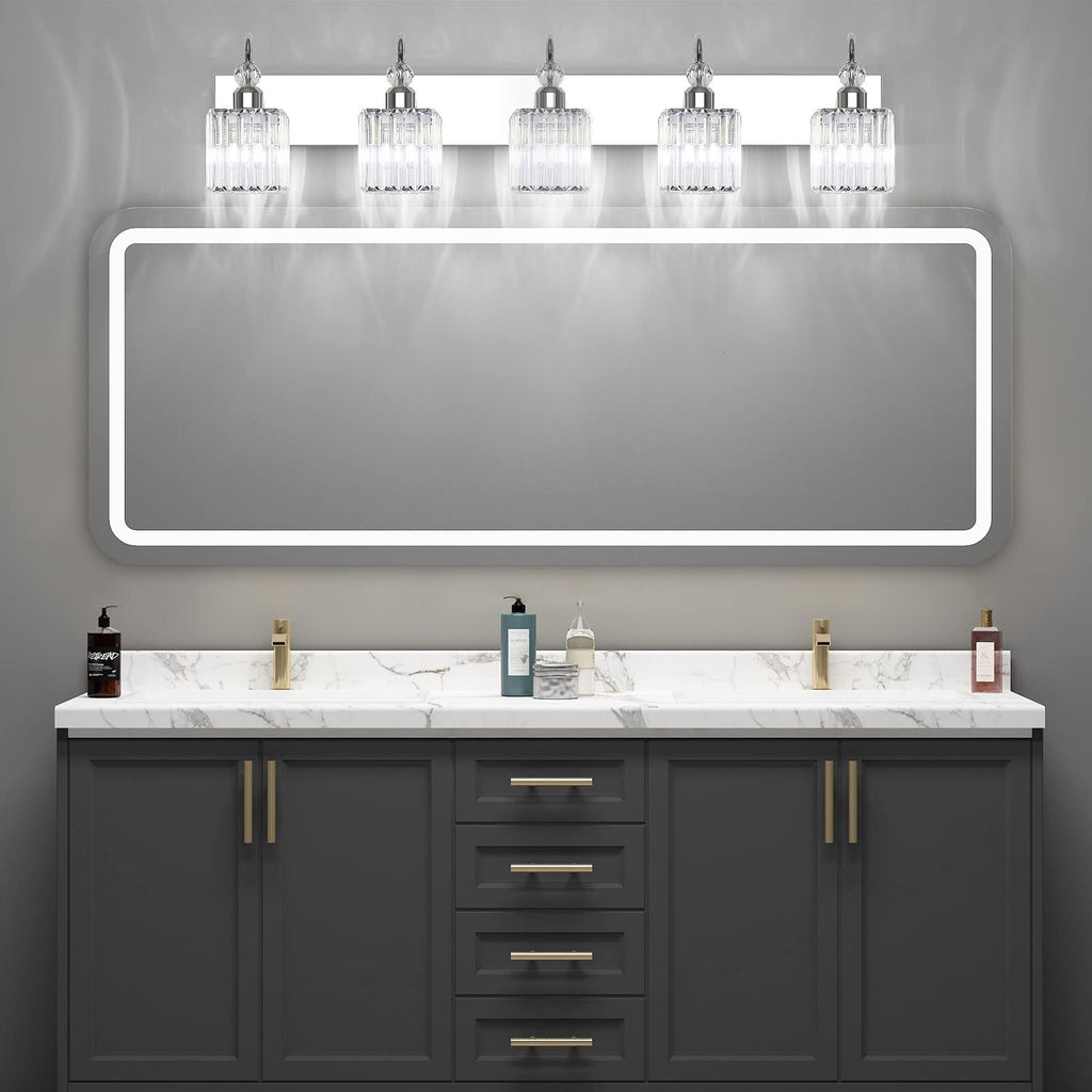 Ralbay Chrome Crystal Vanity Lights 5-Lights 40'' Modern Crystal Bathroom Light Fixtures Modern Crystal Vanity Lighting Over Long Mirror Bathroom Wall Lighting Fixtures