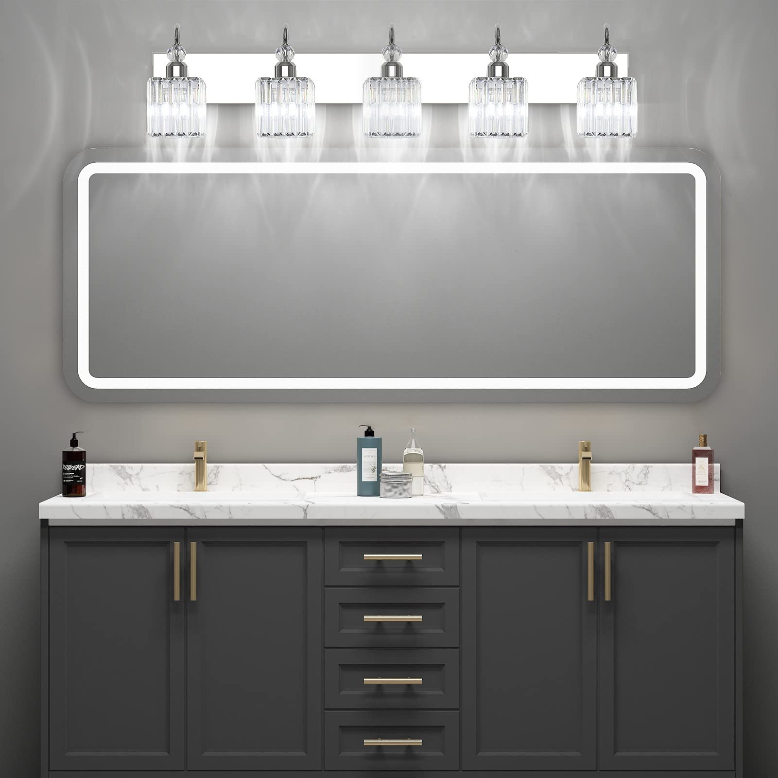 Ralbay Chrome Crystal Vanity Lights 5-Lights 40'' Modern Crystal Bathroom Light Fixtures Modern Crystal Vanity Lighting Over Long Mirror Bathroom Wall Lighting Fixtures