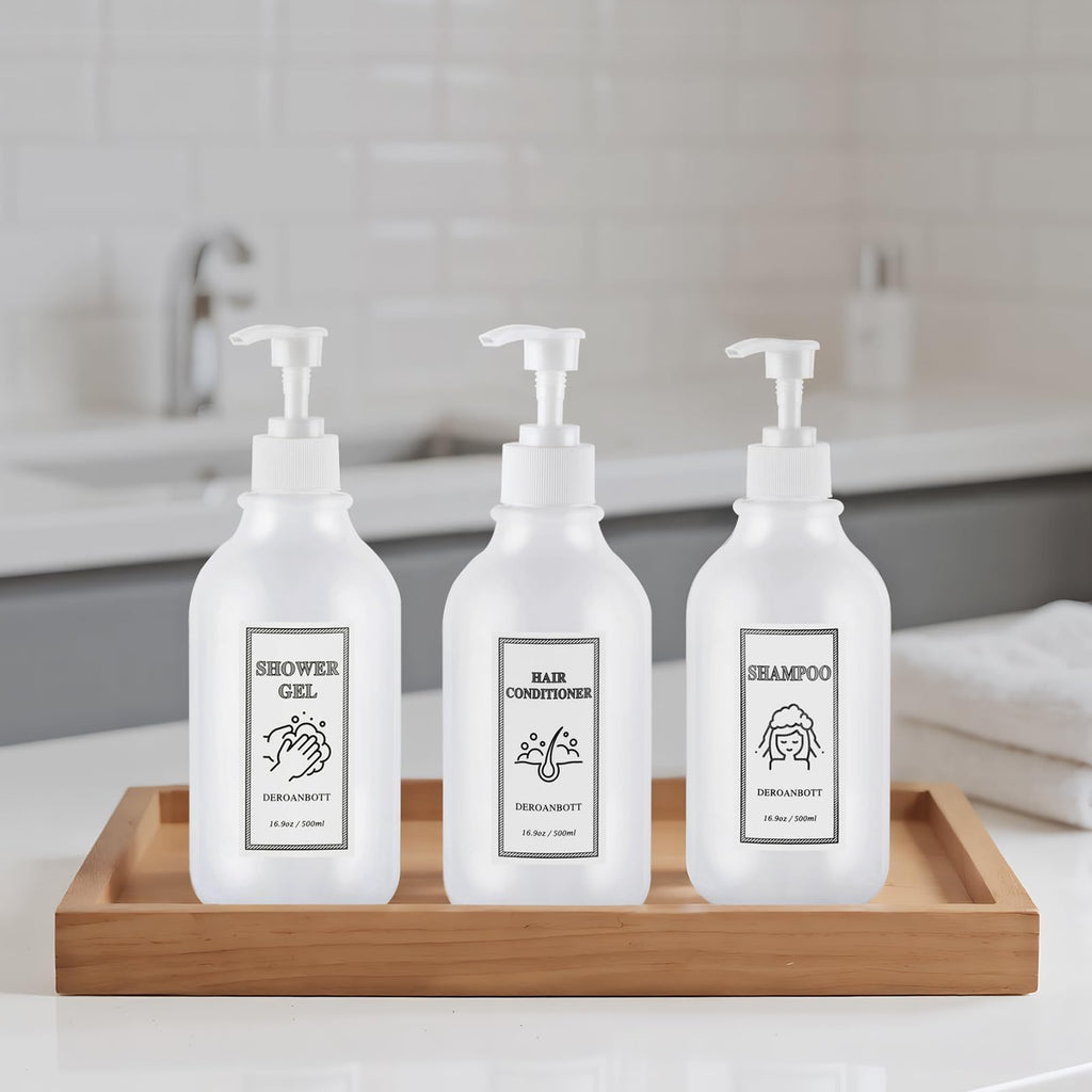 DEROANBOTT Shampoo and Conditioner Dispenser, Refillable Plastic Shampoo Pump Bottles with Waterproof Labels, Empty Body Wash Dispenser Set for Bathroom, Shower Soap Bottles (White)