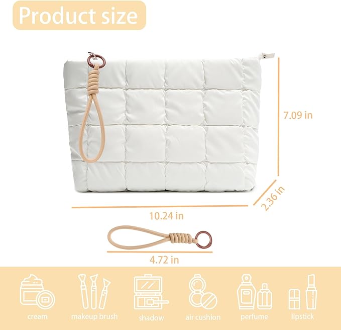 Beayuva Puffer Quilted Makeup Bag Travel Cosmetic Bag Portable Puffy Checkered Toiletry Pouch Skincare Organizer Purse Pencil Case (White)