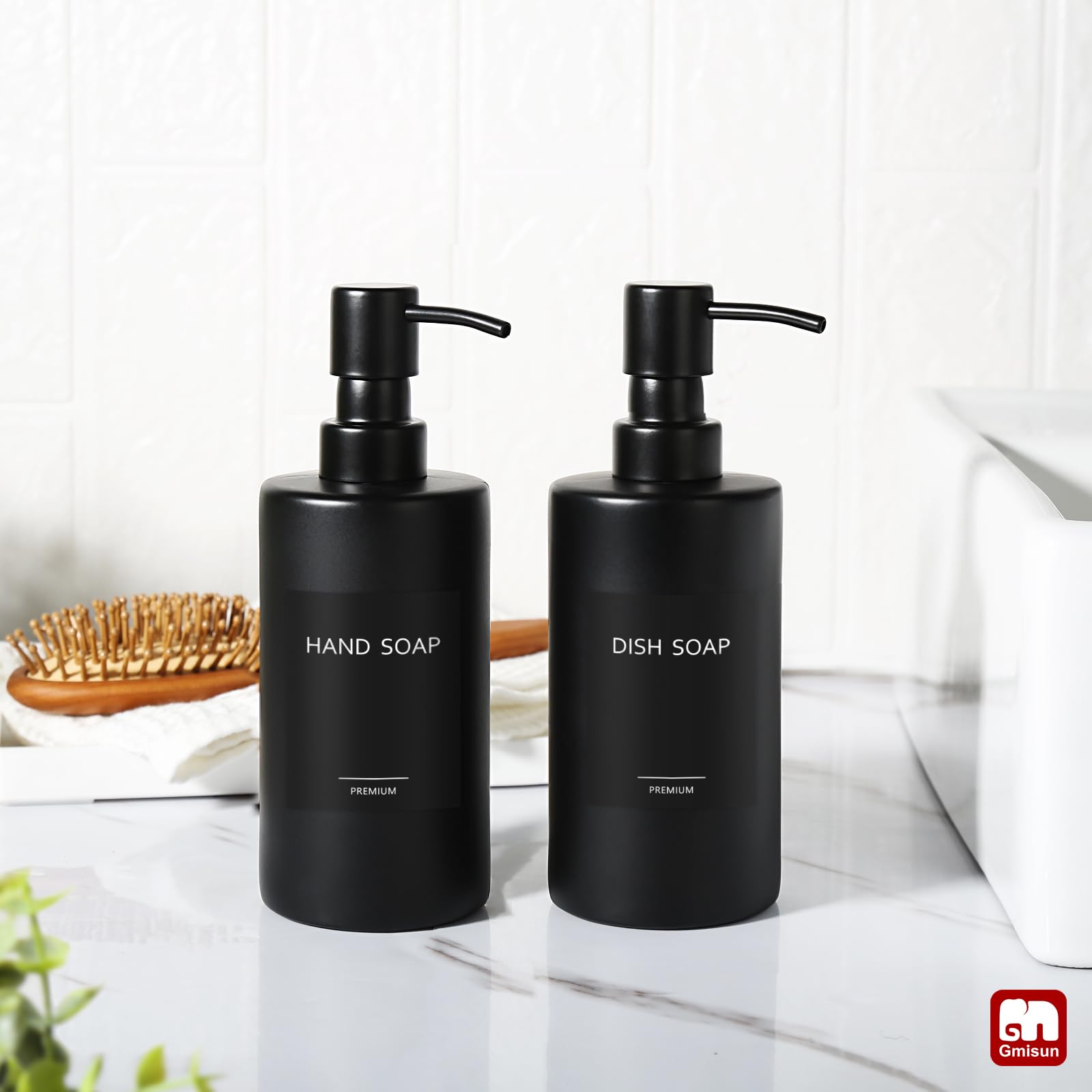 GMISUN Black Soap Dispenser, Hand Soap Dispenser Bathroom, Hand and Dish Dispenser Set for Kitchen, 12 fl oz/350ml Glass Liquid Soap and Lotion Dispensers with Stainless Steel Pump, 2 Pack Refillable