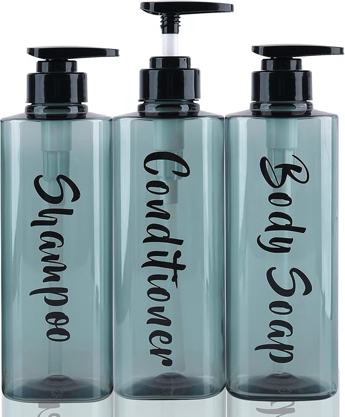 AUMIO 16.9oz Refillable Shower Soap Dispenser with Pump - 3 Chamber No Drill for Shampoo, Conditioner & Body Wash, Blue Clear Plastic Bottle Dispenser, Bathroom Organizer with 6 Waterproof Labels