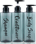 AUMIO 16.9oz Refillable Shower Soap Dispenser with Pump - 3 Chamber No Drill for Shampoo, Conditioner & Body Wash, Blue Clear Plastic Bottle Dispenser, Bathroom Organizer with 6 Waterproof Labels