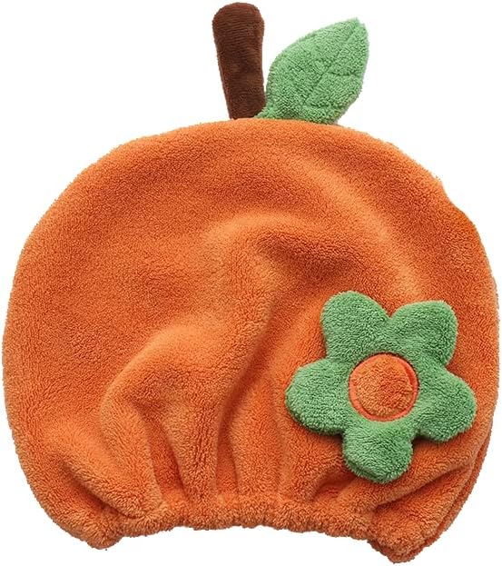 Hair Drying Towel for Kids Girls, Cute Cartoon Absorbent Quick Drying Bath Wrap Set for Bathing, Swimming Pool, Soft Microfiber Cap for Curly Long & Wet Hair, Orange Flower