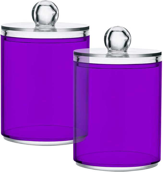 Purple Qtip Holder Organizer Dispenser Cotton Swabs Cans Plastic Jars with Lid Set 2 Pack Bathroom Storage Canister for Cotton Ball Floss Cotton Pads