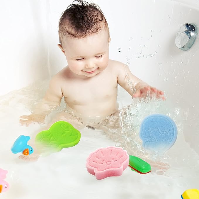 DANCELF Baby Bath Sponge, Natural Cute Shapes Soft Shower Sponges for Bathing, Bathtub Foam for Infants and Toddler, 3pcs: Blue Dolphin, Pink Shell, Green Turtle
