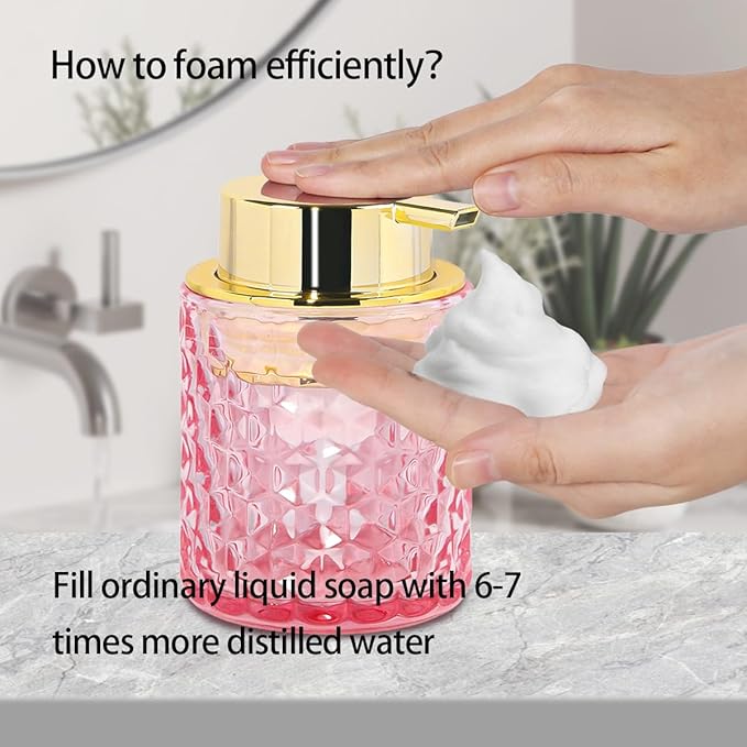 Fvstar 10 Oz Glass Hand Soap Dispenser with Pump, Refillable Bathroom Gold Foaming Soap Dispenser, Vintage Glass Diamond Lotion Container Bottle for Bathroom and Kitchen (1, Pink and Gold)