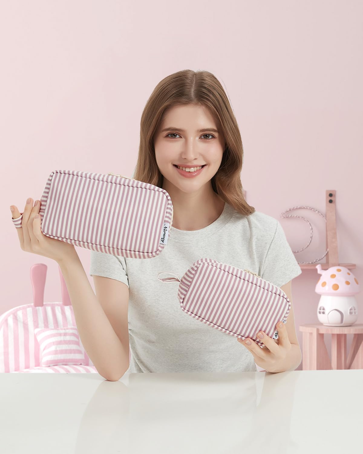 Narwey Cute Makeup Bag Small Toiletry Bag Travel Cosmetic Bag Organizer Make Up Bags with Organized Pockets for Women (Dusty Rose Stripe, Large)