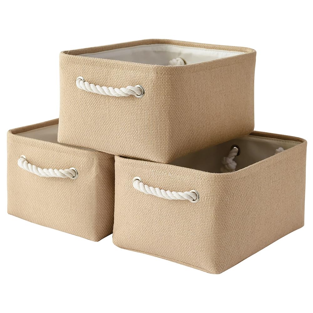 TheWarmHome Storage Bins for Shelves - Medium 3Pack 13.8L*9.8W*6.7H inch Canves Storage Basket for Organizing, Fabric Storage with Handles for Clothes Baby Dog Toys(Beige)