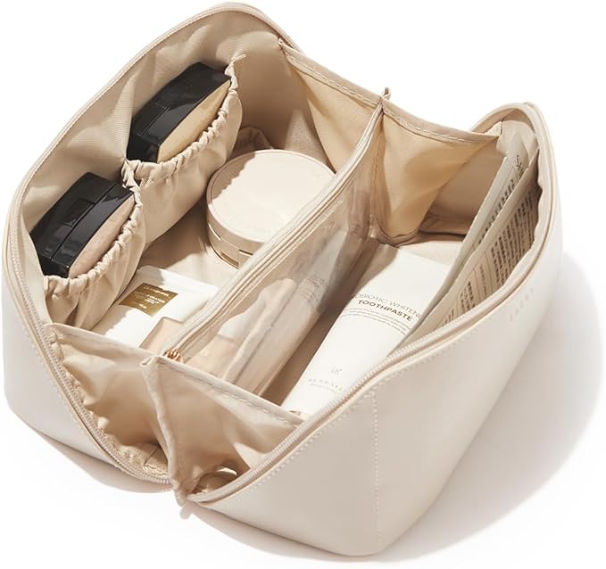 EACHY Travel Makeup Bag, Large Capacity Cosmetic Bags for Women, Waterproof Portable Open Flat Toiletry Bag Make up Bag with Divider and Handle, Christmas Gifts (White, Medium)