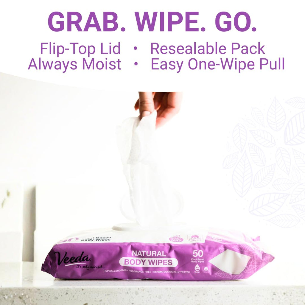 Veeda Natural Cotton Body Wipes for Adults - 300 Count, Hypoallergenic & pH Balanced Wet Wipes - Unscented Personal Cleansing Wipes Safe for Sensitive Skin, Plant based Soft Wipes