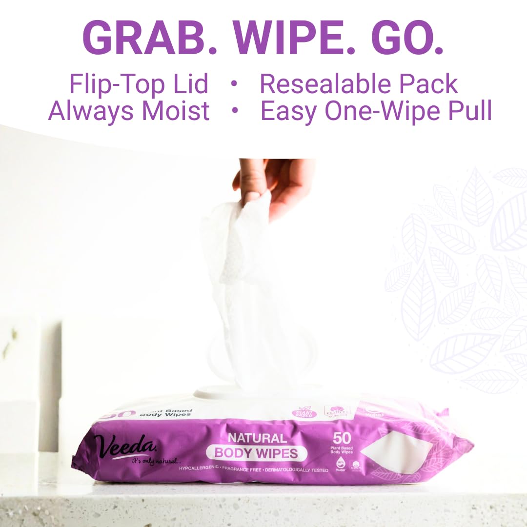 Veeda Natural Cotton Body Wipes for Adults - 300 Count, Hypoallergenic & pH Balanced Wet Wipes - Unscented Personal Cleansing Wipes Safe for Sensitive Skin, Plant based Soft Wipes