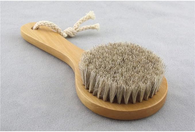 HiKin 7.87” Short Handle Dry Bath Body Brush Scrubber, Wood Handle Soft Horsehair Mane Natural Bristles Shower Brush, Good for Cellulite, Detox, Exfoliating, Blood Circulation, etc.