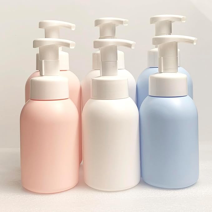 Plastic Foaming Hand Soap Dispenser,Toddler Bar Soap Cute Kids Dispenser for Bathroom Refillable Pump Bottles for Kitchen Liquid Shampoo Body Wash 10oz 300ml (3, White+Pink+Blue)