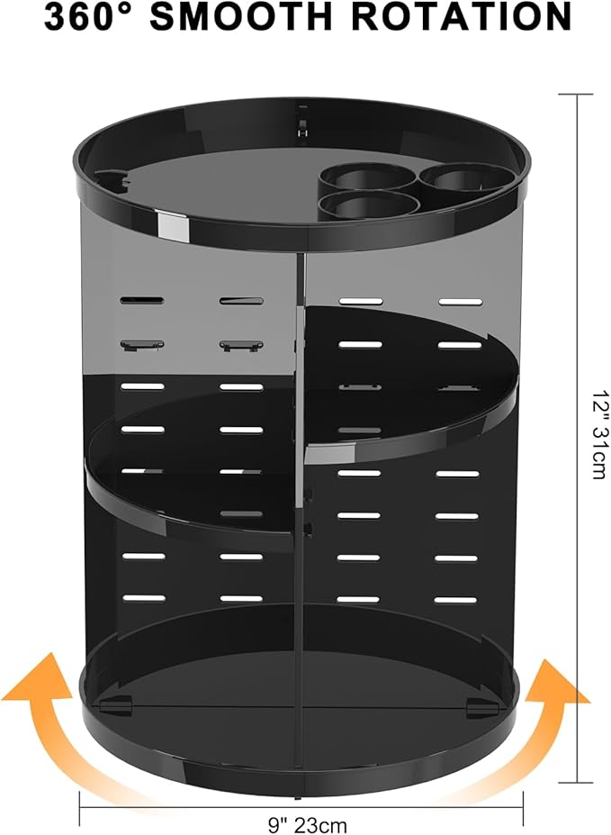 Rotating Makeup Organizer, DIY 8 Adjustable Layers Spinning Skincare Storage, Cosmetic Display Case with Brush Holder and Perfume Tray, Multi-Function Vanity Bathroom Countertop Organizer Black