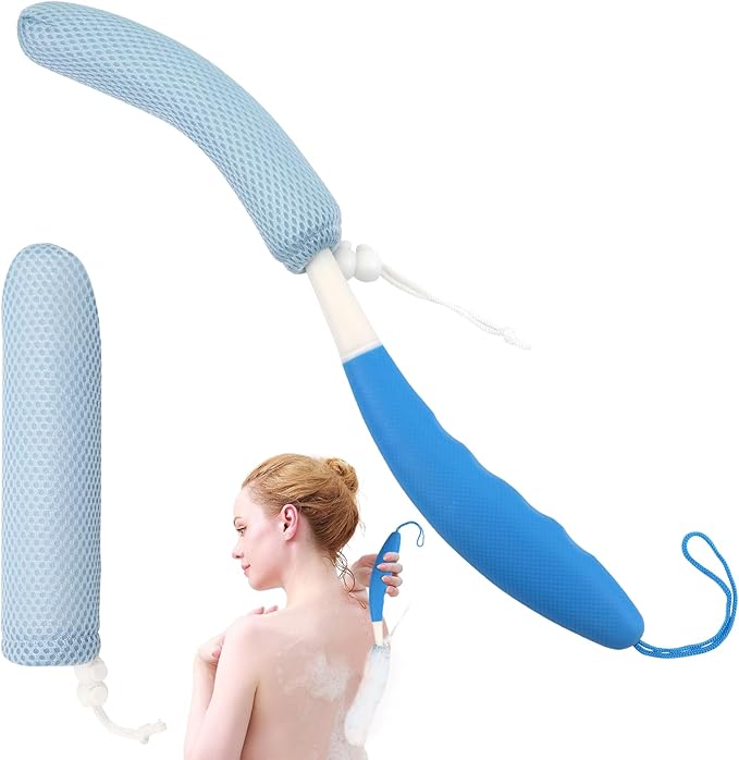 KkaFFe Shower Brush with Long Handle，15.35" Back Brush，Long Back Scrubber for Men Women，Long Handled Sponge Body Exfoliator, Loofah Back Scrubber for Aid Bathing