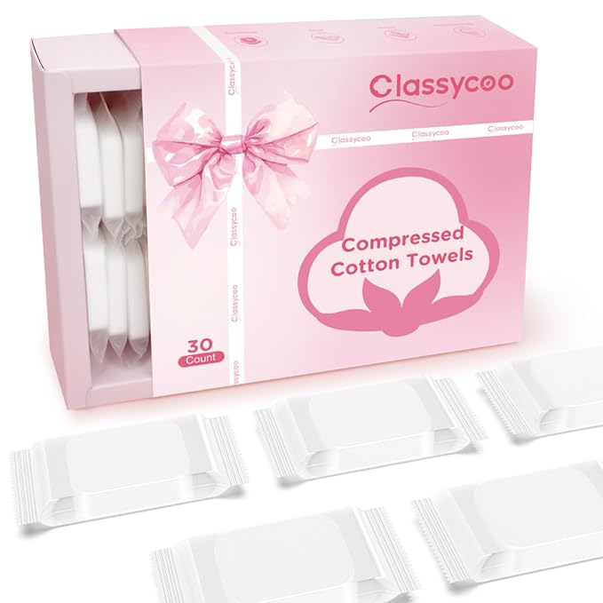 Classycoo XL Ticken Compressed Towel Tablets- 100% Cotton Face Towel, 30 PCS Individually Wrapped Portable, Travel Mini Soft Washcloth, Camping, Facial Makeup, Gift, Pink 12x10 Inches