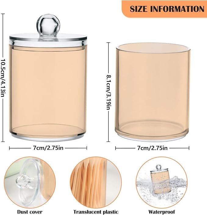 Peach Puff Qtip Holder Organizer Dispenser Cotton Swabs Cans Plastic Jars with Lid Set 2 Pack Bathroom Storage Canister for Cotton Ball Floss Cotton Pads
