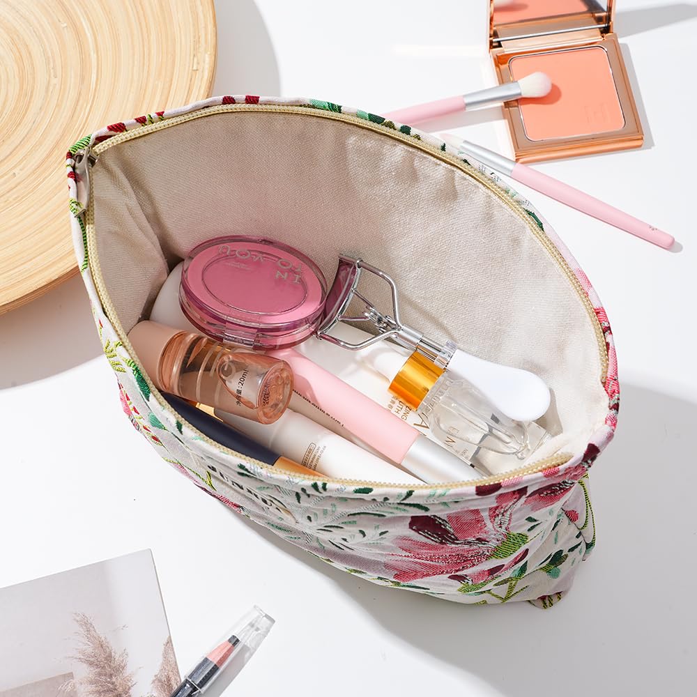 BOCGRPU Makeup Bag Small Cute Cosmetic Bags for Women，Floral Travel Toiletry Bag for Purse, Large Canvas Cosmetic Pouch Makeup Organizer Tool Pouch with Zipper（Colorful Plant）