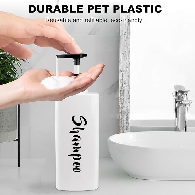 AUMIO 16.9oz Shampoo Conditioner Body Wash Dispenser for Shower, Refillable Printed Soap Bottles with Pump, Empty Plastic Bathroom Dispenser Set for Shampoo, Conditioner & Soap (White, 3 Pack)