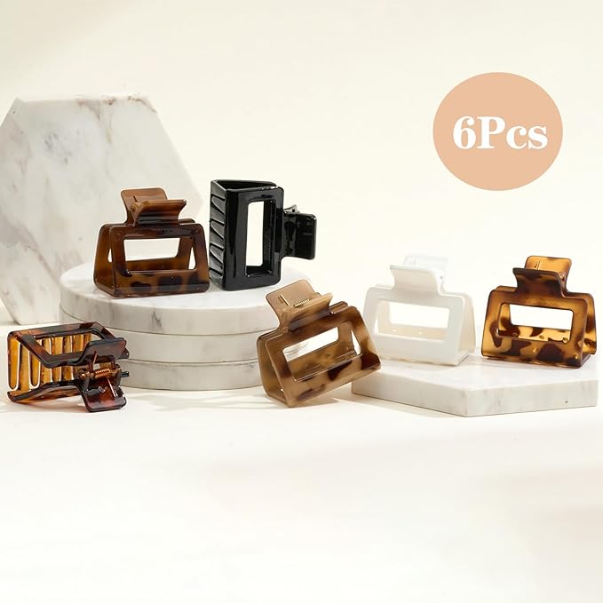 Auseibeely 6 Pcs 2 Inch Small Claw Clip for Women & Girls, Medium Tortoise Shell Square Hair Clips, Rectangle Non-Slip Tortoiseshell Jaw Clips for Half Up Half Down Thin Medium Short Hair