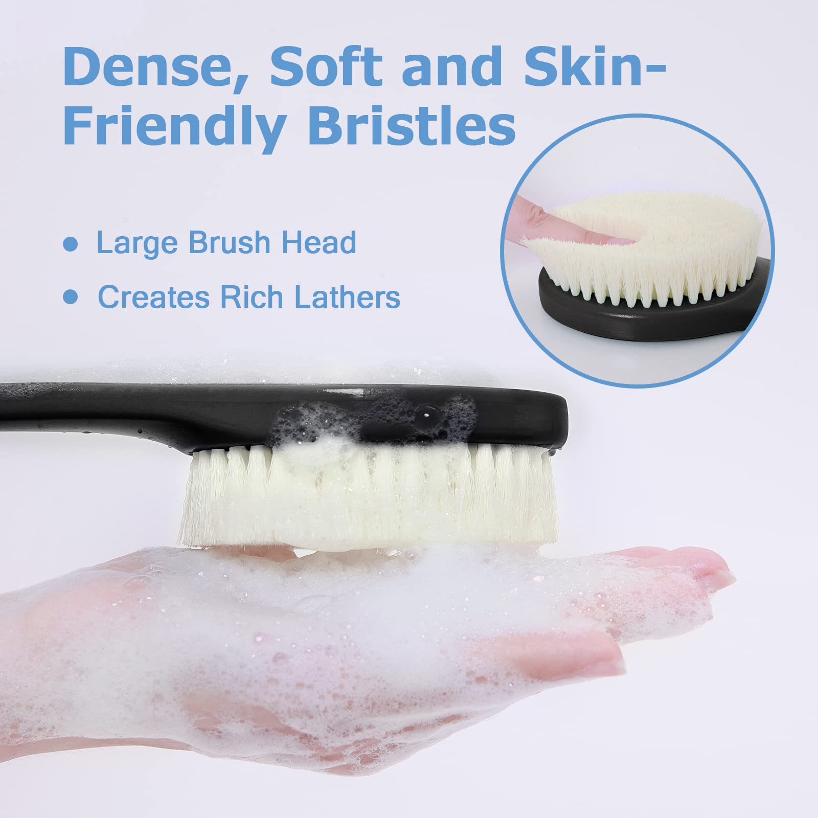 Body Back Scrubber – 17'' Long Handle Shower Brush, Durable Exfoliator for Dry & Wet Use, Deep Cleansing & Gentle Exfoliation for Smooth Skin – for Men, Women & Elderly (Black)