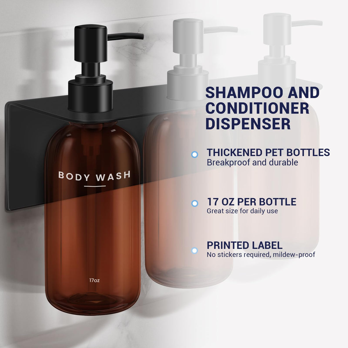 Shampoo Conditioner Body Wash Dispenser Bonus Soap Dish and Hook, Amber