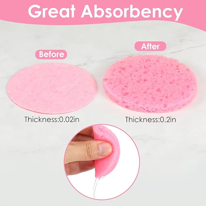200 Count Compressed Facial Sponges for Cleansing - 100% Natural Cellulose Disposable Face Sponges for Exfoliating, Makeup & Mask Removal, Pink