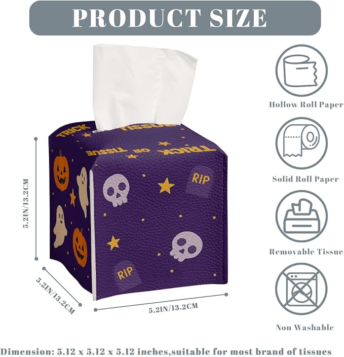 Halloween Tissue Box Cover Funny Cartoon Cute Pumpkin Bat Square PU Leather Waterproof Tissue Box Holder for Bathroom Kitchen Bedroom Vanity Countertop Night Stands