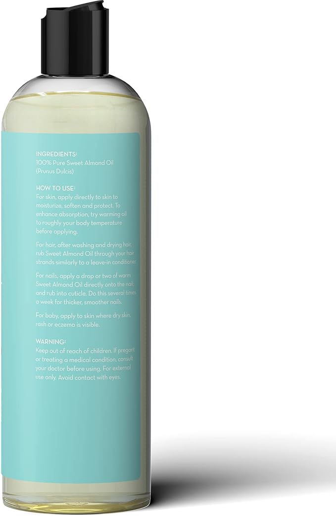 Pure Body Naturals Sweet Almond Oil for Skin and Hair, Cold Pressed Almond Oil, Almond Body Oil, Sweet Almond Carrier Oil, Fast Absorbing Moisturizer, 16 fl oz
