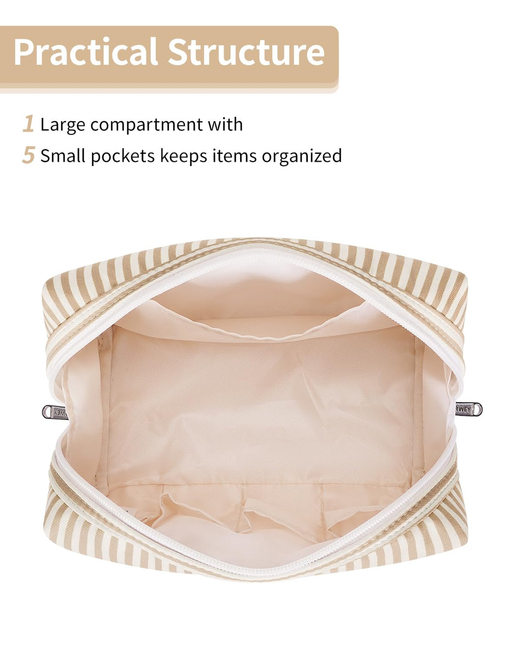 Narwey Striped Makeup Bag Travel Cosmetic Bag Organizer Toiletry Bag Make Up Bags with Compartments for Women Girls (Large,Brown Stripe)