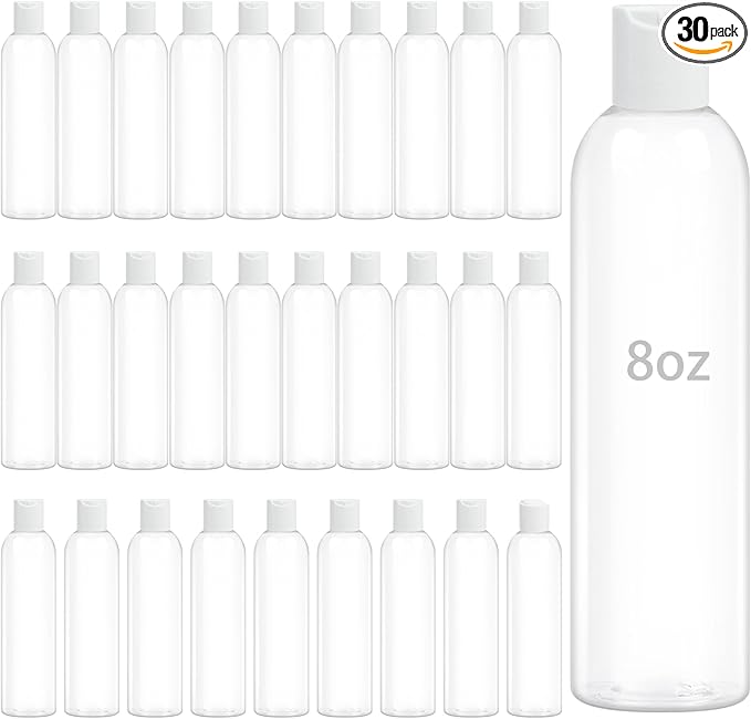 ZLEVEAYN 30 Pack 8 oz Clear Plastic Bottles with White Disc Caps Refillable Empty Squeeze Containers Cosmetic Bottles for Toiletries Conditioner Shampoo Lotions Gels