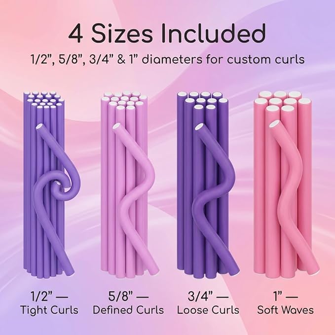 My Beauty Spot Flexi Rods Foam Hair Rollers -1/2" 5/8" 3/4" 1" Diameter- Professional Salon Quality 18 Pcs Rubber Hair Rollers for Long, Medium, and Short Hair, Hair Curlers to Sleep in for Women