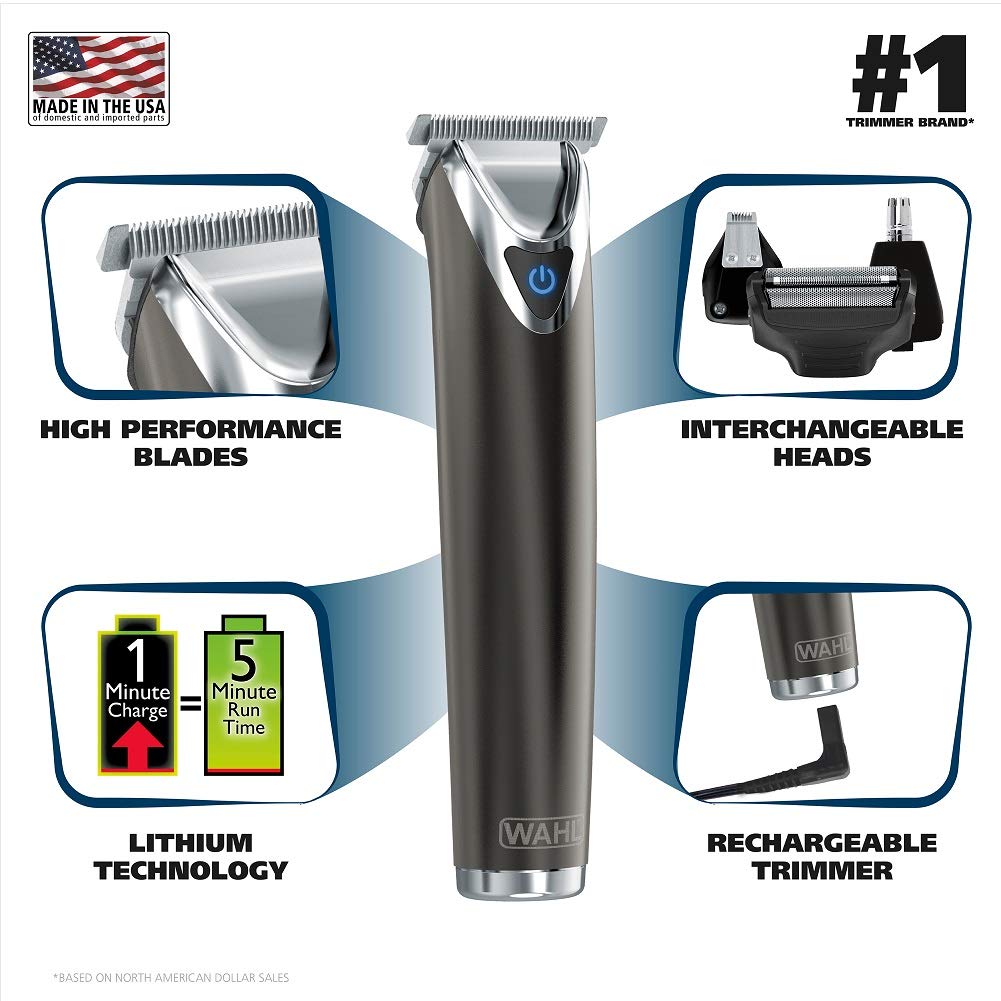 Wahl Stainless Steel Lithium Ion 2.0+ Slate Beard Trimmer for Men - Electric Shaver, Nose Ear Trimmer, Rechargeable All in One Men's Grooming Kit (Pack of 6)