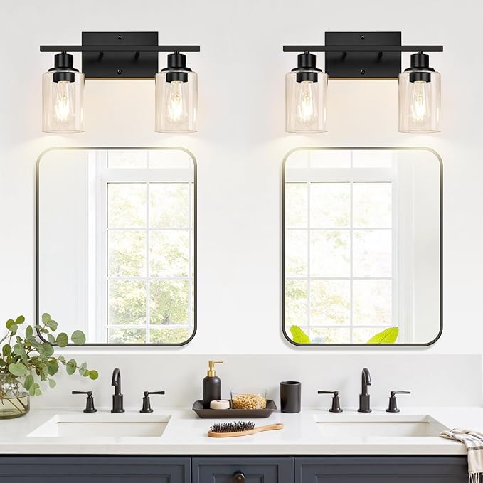 Matte Black 2-Light Bathroom Vanity Light with Clear Glass Shades — Modern Bathroom Light Fixtures & Vanity Lights for Mirror