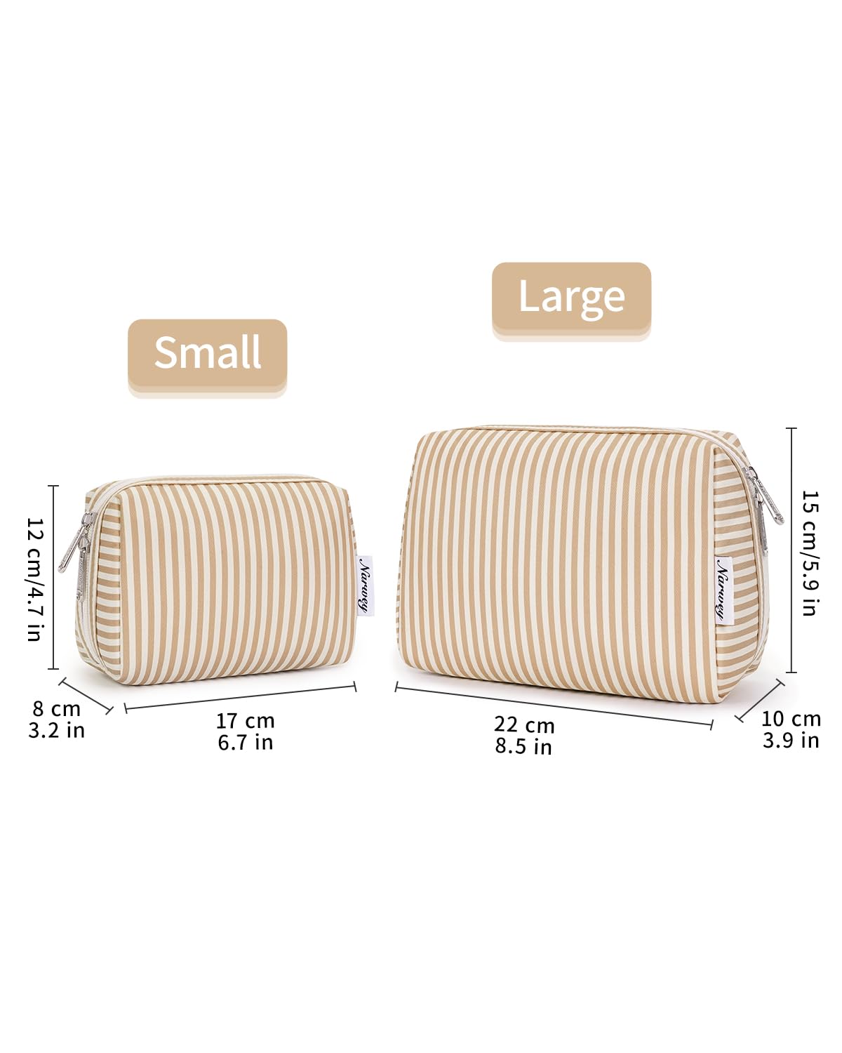 Narwey Small Striped Makeup Bag for Purse Mini Cosmetic Bag Travel Makeup Pouch Zipper Pouch Cute Make up Bags with Compartments for Women Girls (Brown Stripe, Small)