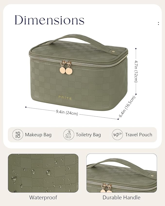 Prite Makeup Bag, Large Capacity Cosmetic Bag for Women and Girls, Waterproof PU Leather Travel Case with Handle, Divider for Skincare and Brushes - Checkered Green