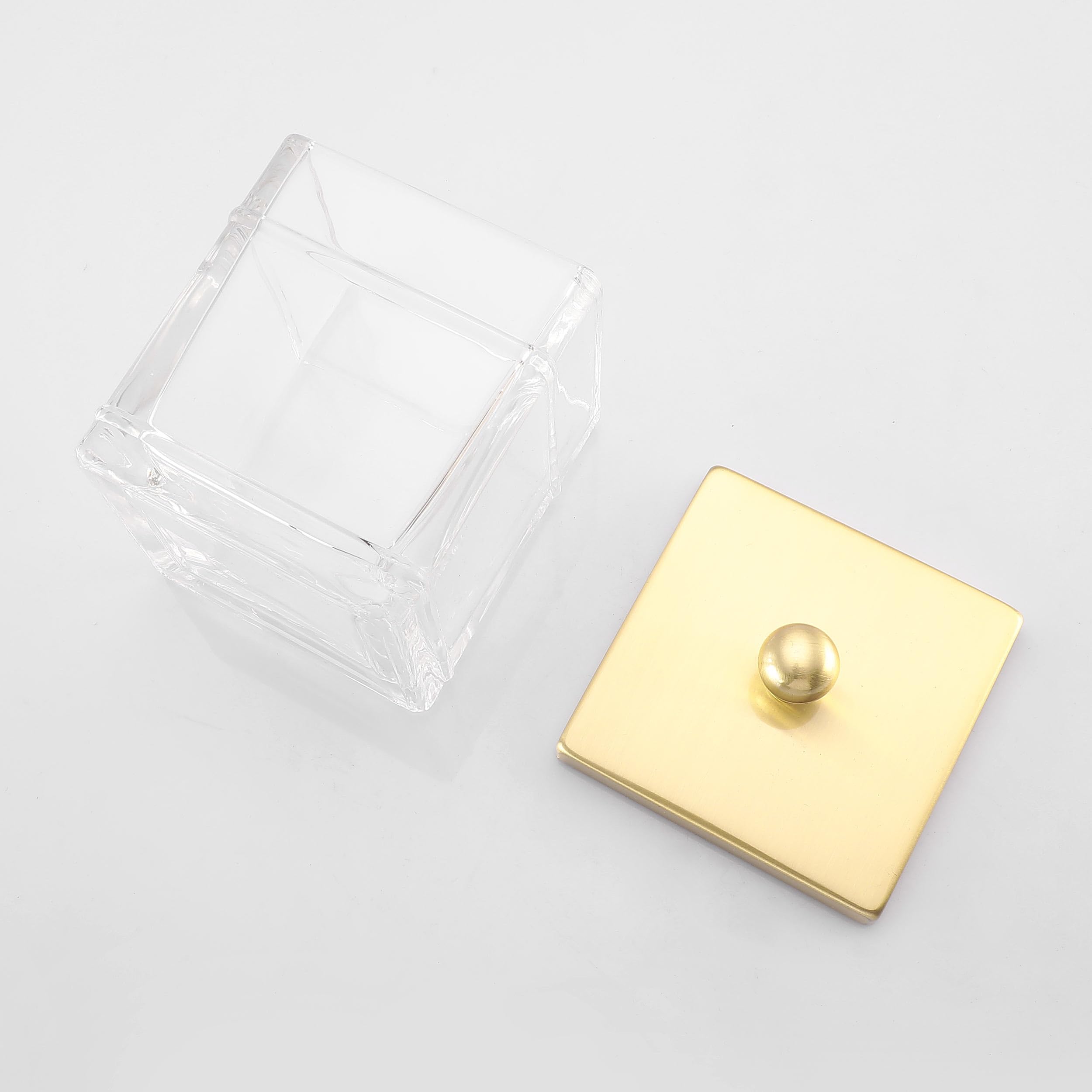 Indecor Home Glass Cotton Jar Holder 2 Pack– Brushed Gold Lid, Elegant Bathroom Storage Canister for Qtips, Cotton Balls, Floss, Makeup Organizer, Vanity & Bathroom Organization