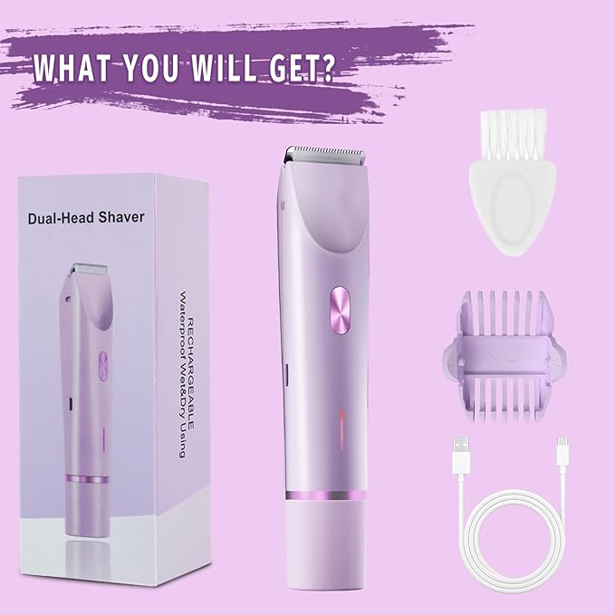 Bikini Trimmer for Women, 2 in 1 Electric Razor & Bikini Shaver for Womens IPX7 Waterproof Body Hair Trimmer and Facial Hair Remover,Purple