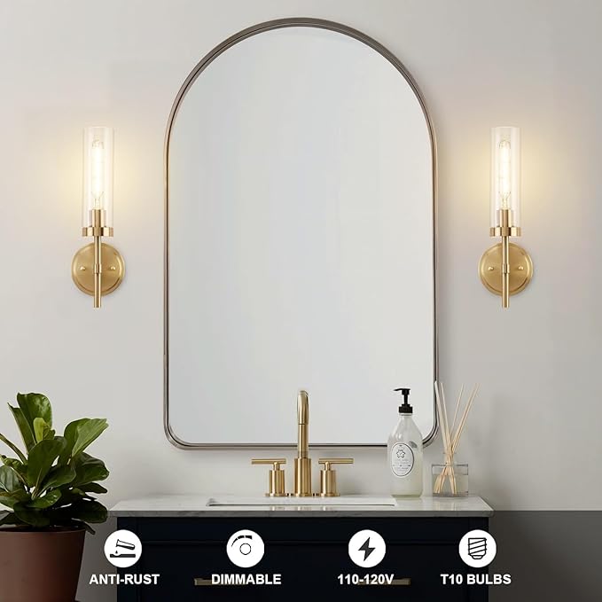 Hardwired Wall Sconces Set of Two, Brushed Gold Bathroom Sconces Wall Lighting Vanity Light Fixtures with Clear Glass, Brushed Brass Wall Decor Lights for Mirror Living Room Bedroom Hallway Stairwell