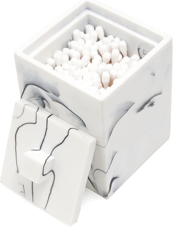 Joitsvia Qtip Holder with Lid, Bathroom Resin qtip holder dispenser , Cotton Swab Container jars, Cotton Ball Organizer for Floss Jewelry Necklace Ring Earring Storage jar Gift Case, Ink White