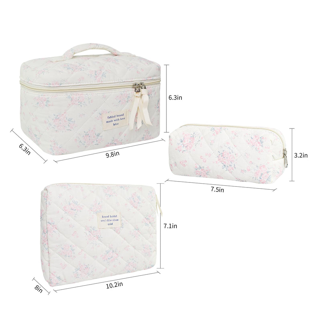 GISMTR 3Pcs Cotton Quilted Makeup Bag Large Travel Cosmetic Bag Coquette Makeup Pouch Cute Aesthetic Floral Toiletry Bag for Women Girls (flower-S)
