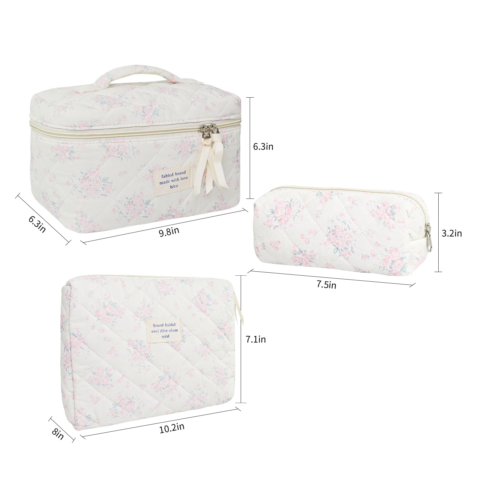GISMTR 3Pcs Cotton Quilted Makeup Bag Large Travel Cosmetic Bag Coquette Makeup Pouch Cute Aesthetic Floral Toiletry Bag for Women Girls (flower-S)