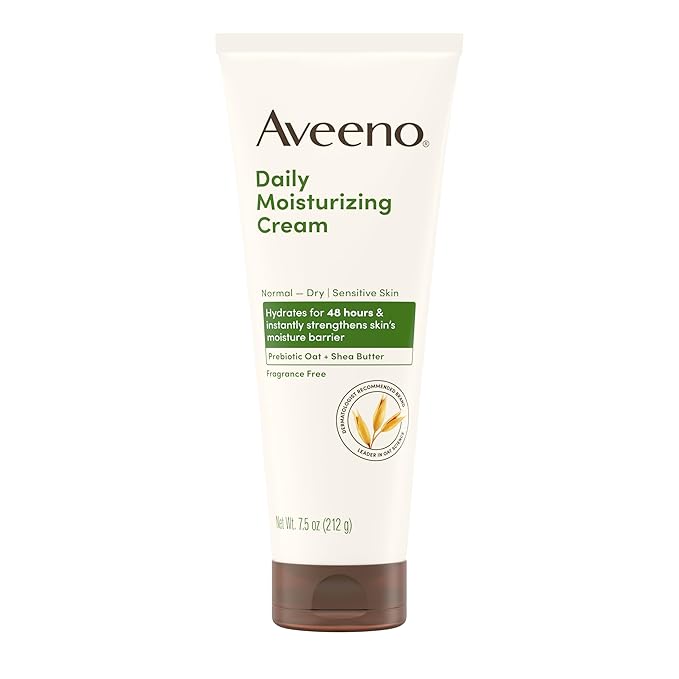 Aveeno Daily Moisturizing Cream Face, Hand, Body Moisturizer with Prebiotic Oat & Shea Butter, for Normal to Dry or Sensitive Skin, Hydrates for 48 Hours, Fragrance-Free & Non-Comedogenic, 7.5 Fl Oz