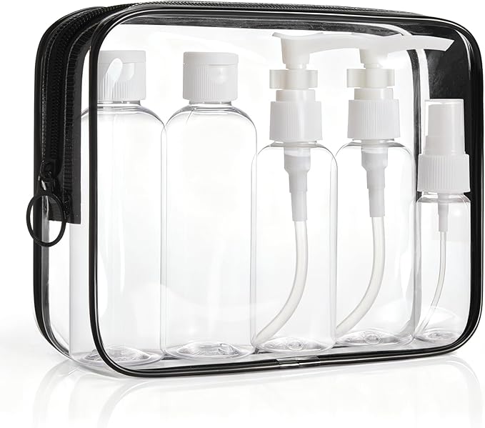 BAGSMART Clear Toiletry Bag with Refillable Travel Bottles Set, Black