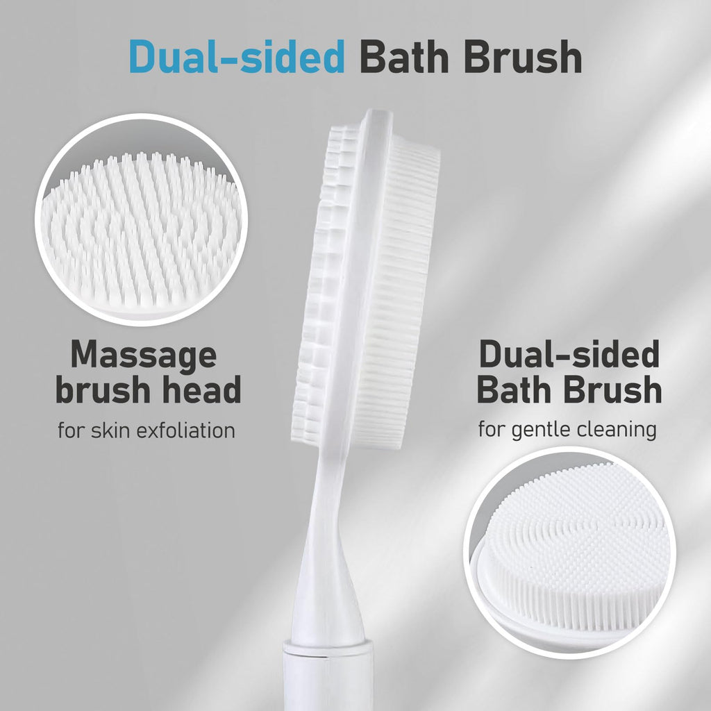 OZNER 24 Inches Silicone Back Scrubber for Shower - Extendable Long Handle Shower Brush with Dual-Sided Bristles - Exfoliating Body Scrubber for Sensitive Skin - Perfect for Men & Women (White)