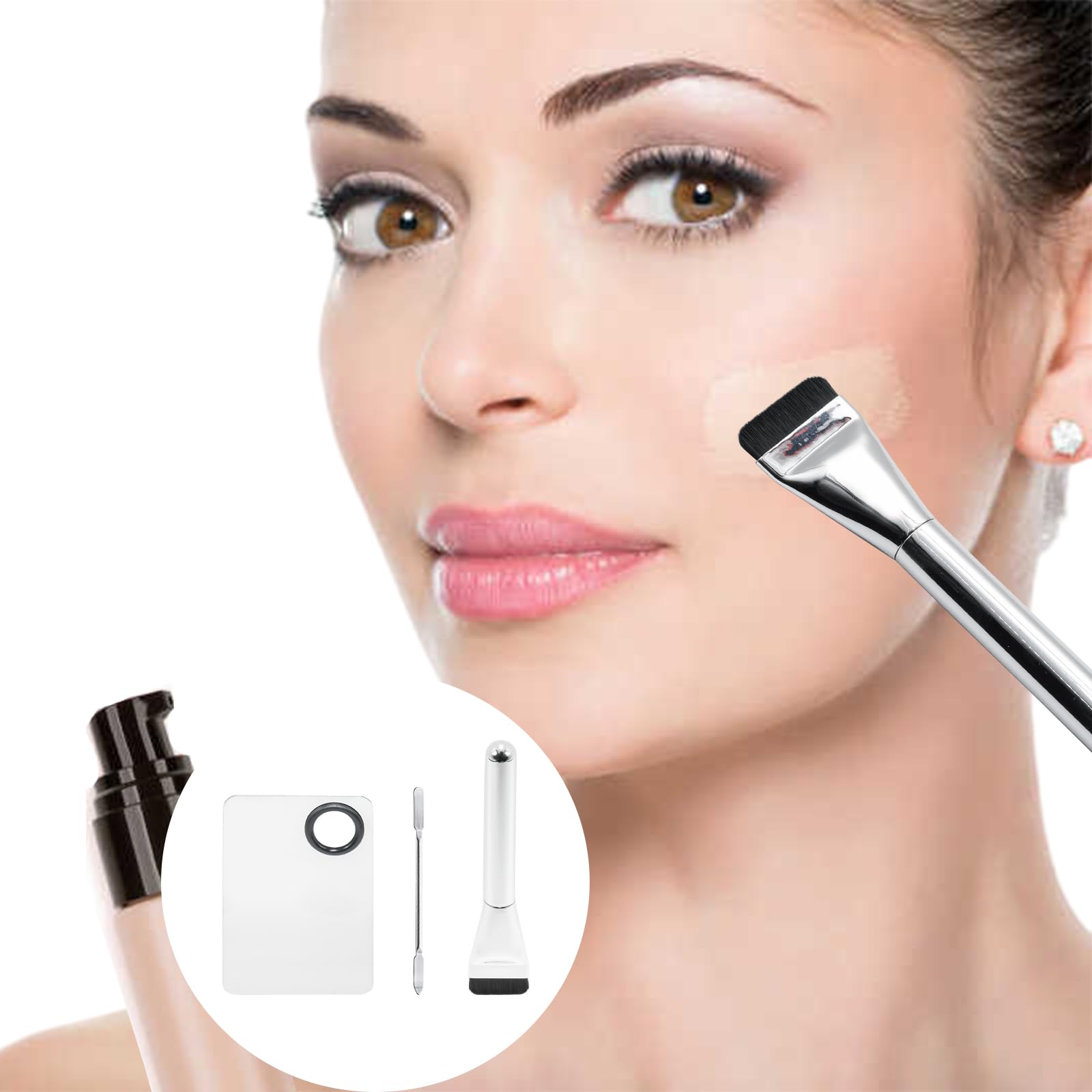 YUYUDEHM Makeup Accessories Set, Makeup Mixing Palette, Foundation Brush, Spatula Tool (Silver)