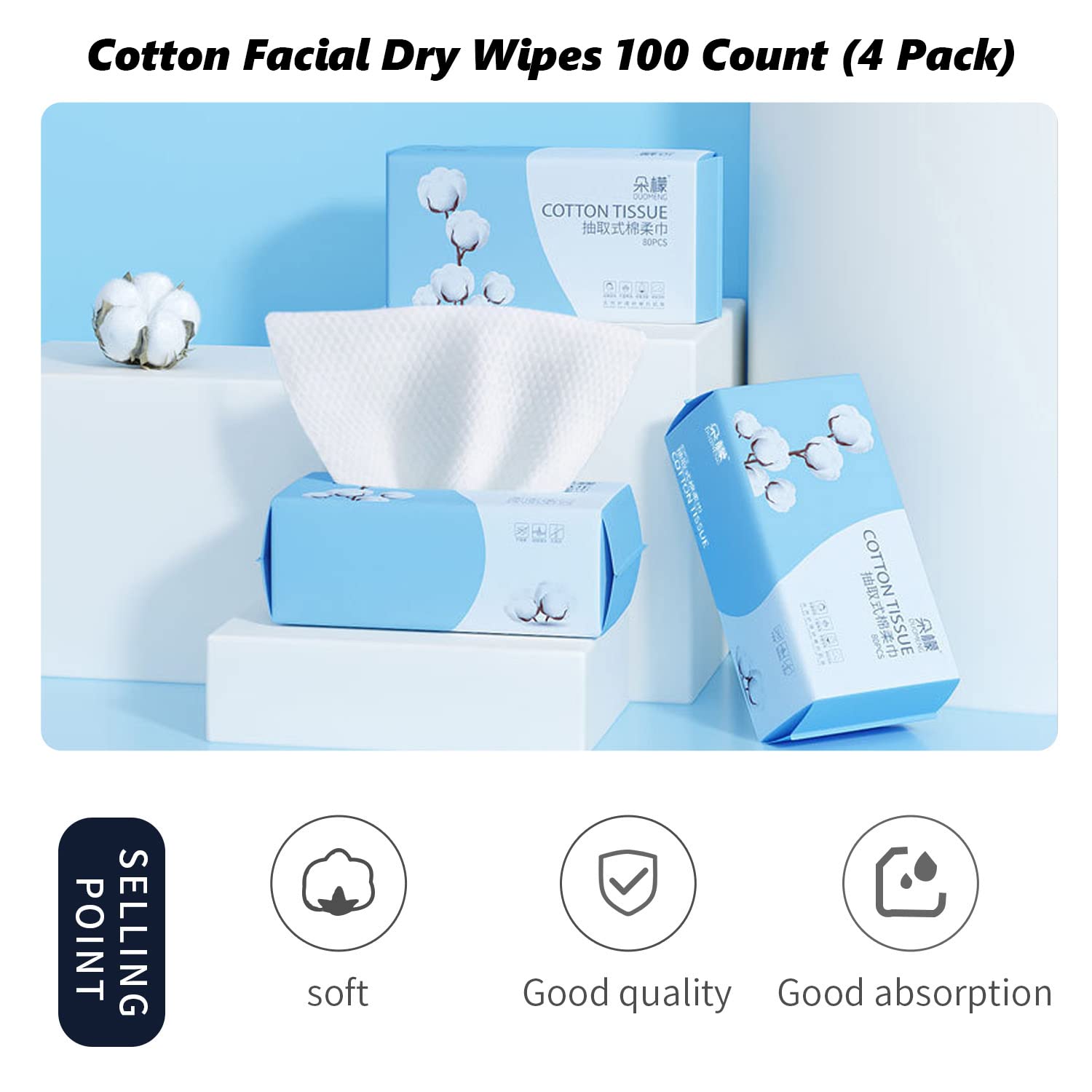 Cotton Facial Dry Wipes 100 Count, Deeply Cleansing Disposable Face Towel Wash Cloth, Multi-Purpose for Skin Care, Make-up Wipes and Facial Cleansing (4 Pack)