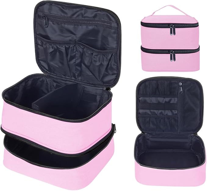TANPADUAJI Double Layer Makeup Bag Portable Large Cosmetic Case Organizer with Adjustable Dividers Storage Travel Bag for Accessories Brushes Conditioner and Skin Care Products (Pink)
