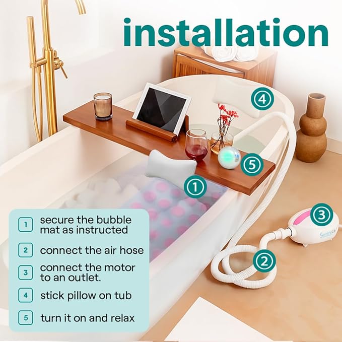 SereneLife Bubble Bath Mat - Portable Spa Bubble Bath Massager with Waterproof Bath Light & Pillow, Adjustable Bubble Intensity, Easy Button Control, Remote Control (Pink)